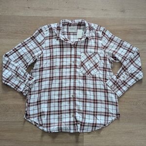 NWT Abercrombie Soft A&F Women Flannel Brown and White Plaid Button-Up Shirt L